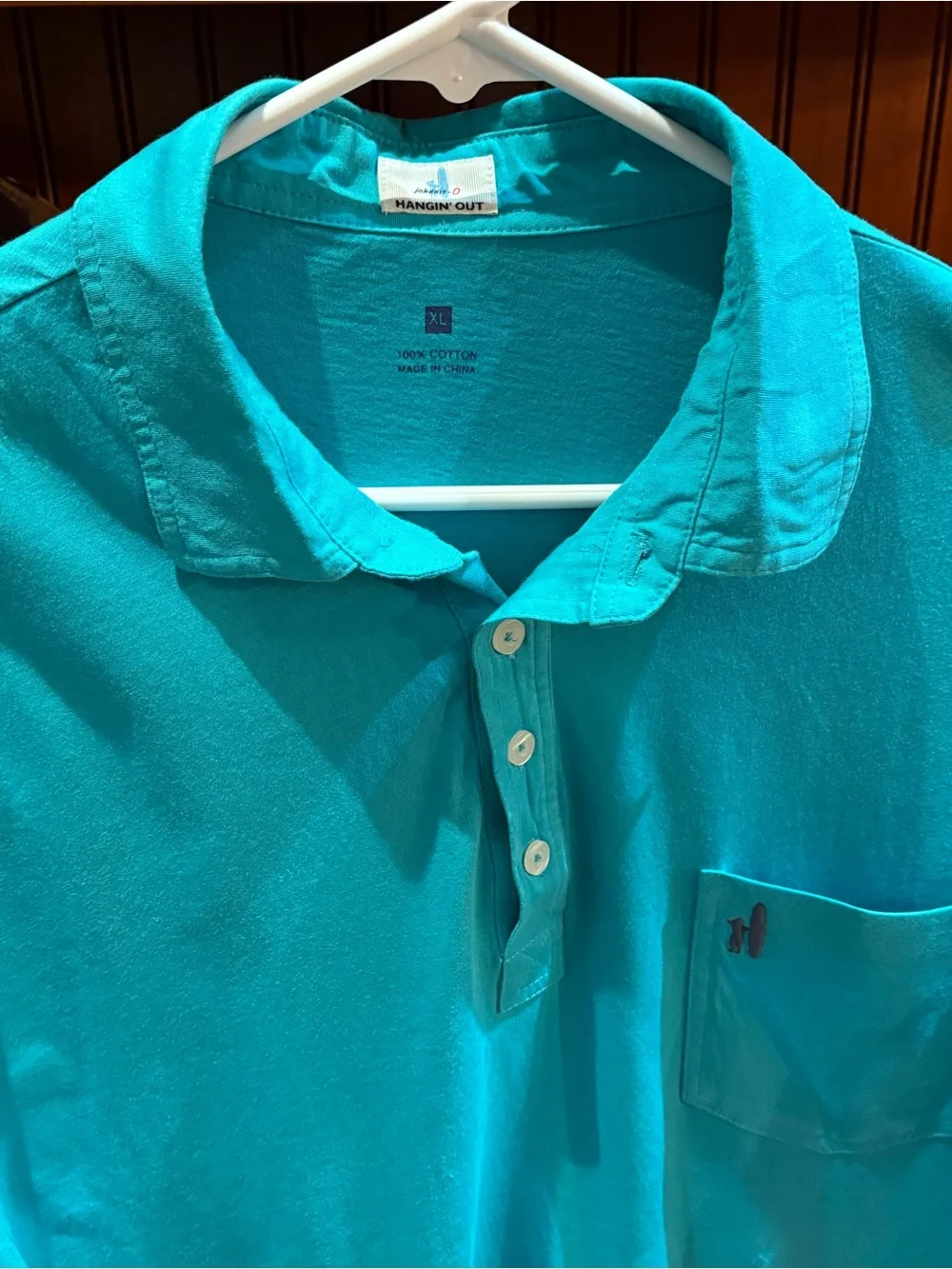 johnnie-O men’s “Hangin’ Out” polo. Sharp teal with iconic logo. XL
